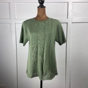 Vintage Alfred Dunner Sage Green Knit Top with Scalloped Edges — Made in USA S